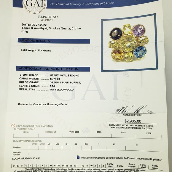 Vintage 14 Karat Yellow Gold and Gemstone Ring Size 8.25 GAI Certified #12081 - Picture 9 of 9